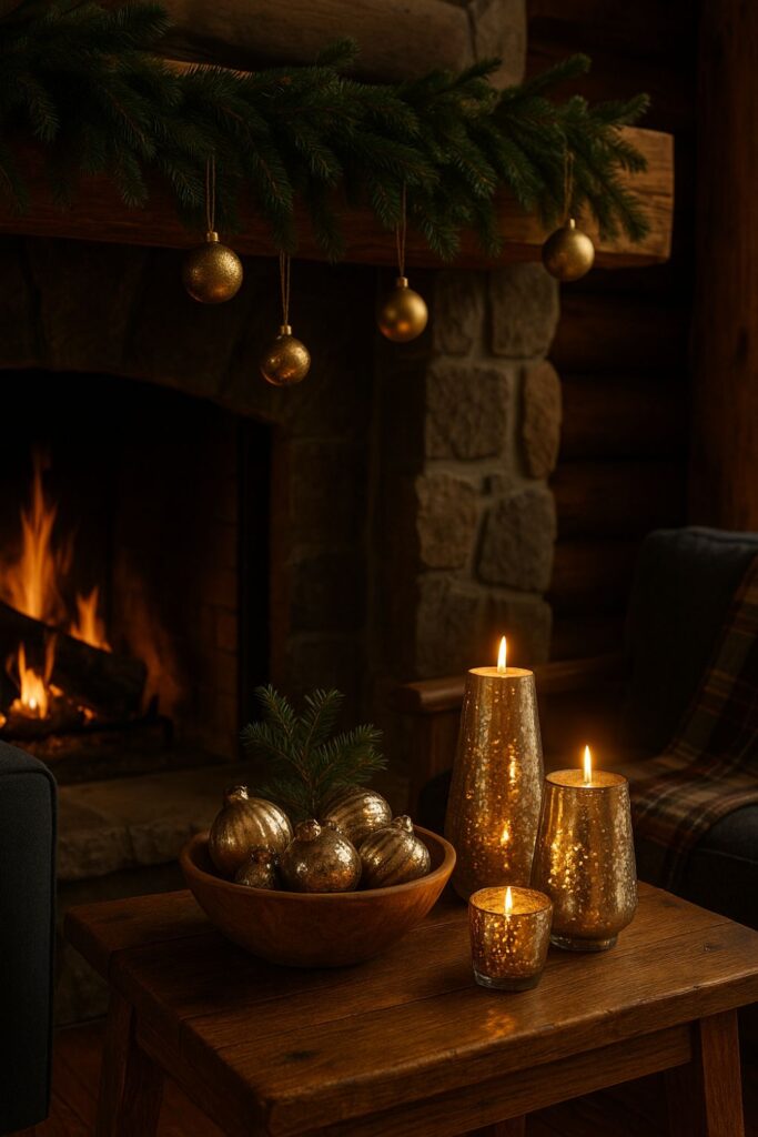 A rustic mountain lodge decorated with mercury glass ornaments, gilded baubles, and glowing candles adding festive sparkle to Christmas décor.
