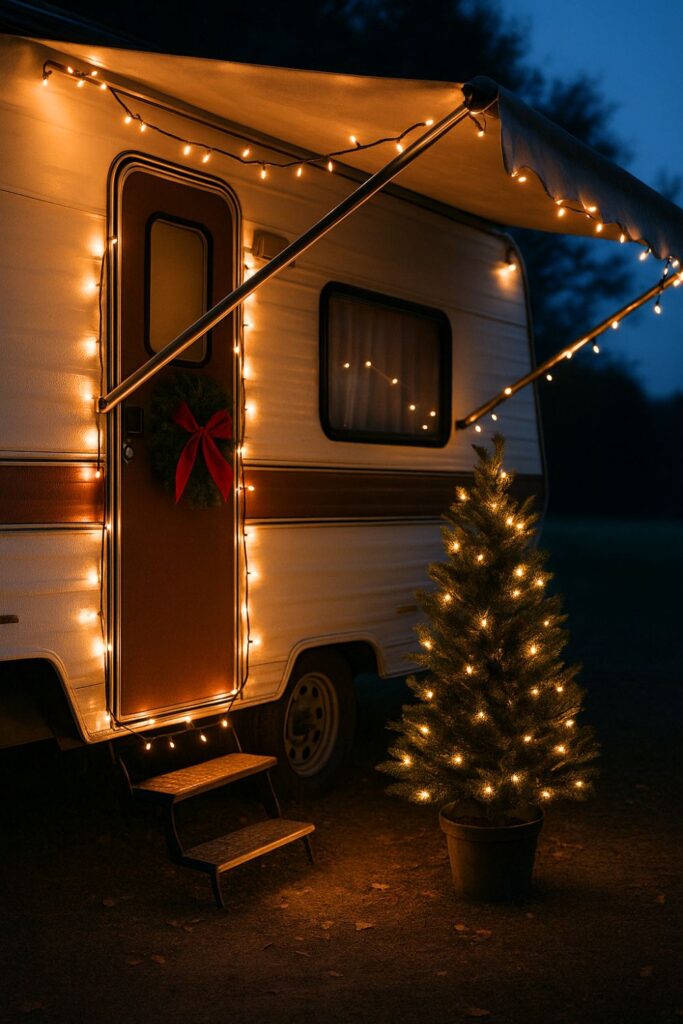 Portrait of an RV exterior decorated for Christmas with fairy lights around the awning and doorway, a small lit tree beside the steps, and a wreath on the door glowing warmly at twilight.