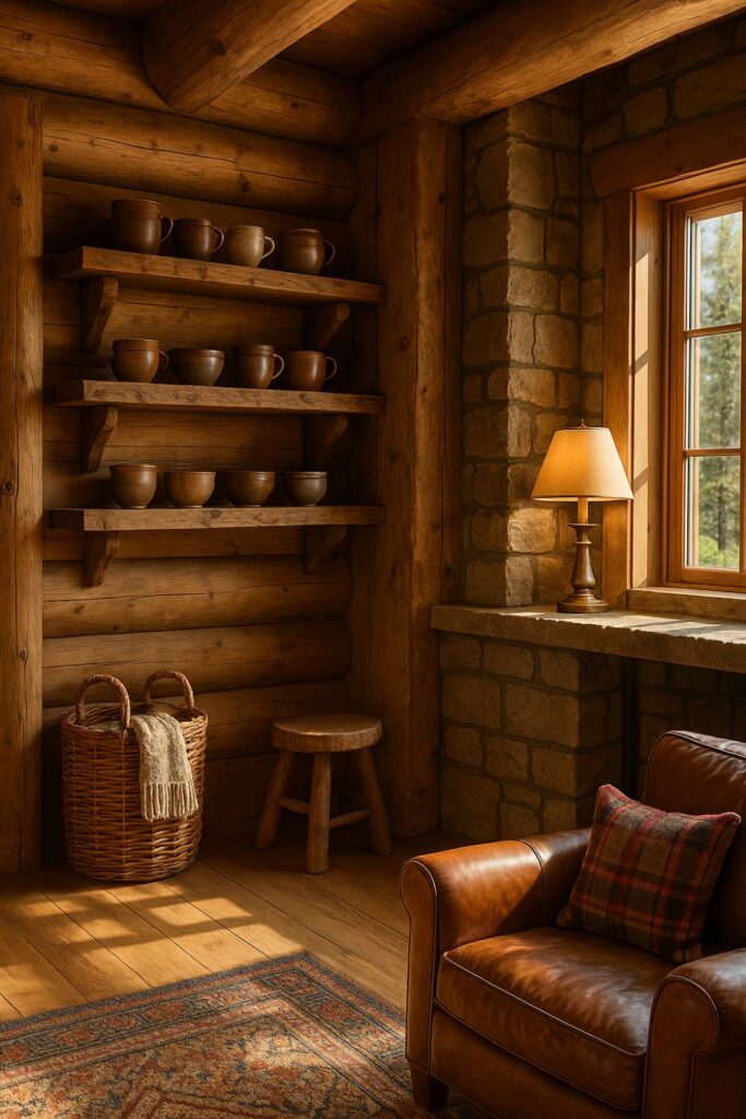 “Daytime mountain lodge interior with hand-thrown mugs on open wooden shelves, woven basket with blanket by stone fireplace, carved wooden stool, leather armchair, and window view of evergreens.”