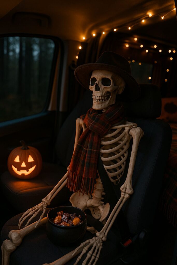 A camper van decorated for Halloween with a skeleton buckled into the passenger seat wearing a scarf and hat, with a glowing pumpkin lantern on the dashboard.