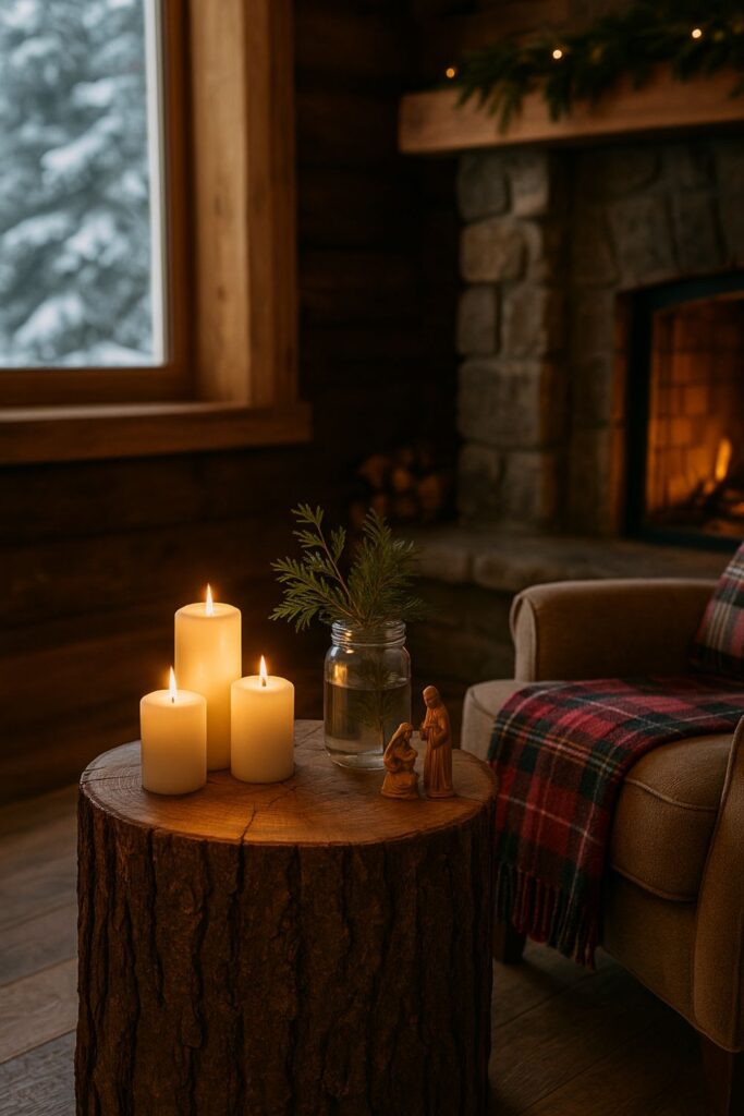 A rustic mountain lodge decorated for Christmas with a tree stump side table holding candles, cedar sprigs, and a wooden nativity scene.