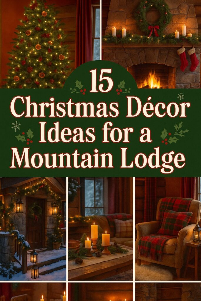 A Christmas Pinterest collage with six rustic mountain lodge décor scenes in cranberry red, ivory, and gold, with festive bold text overlay.