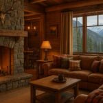 Cosy mountain lodge living room with a large stone fireplace, roaring fire, leather sofas with plaid cushions, timber beams, warm lamplight, and wide windows framing snow-covered mountains and pine trees outside