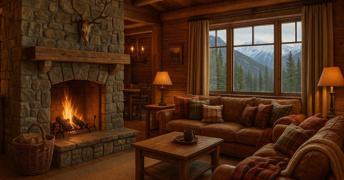 Cosy mountain lodge living room with a large stone fireplace, roaring fire, leather sofas with plaid cushions, timber beams, warm lamplight, and wide windows framing snow-covered mountains and pine trees outside
