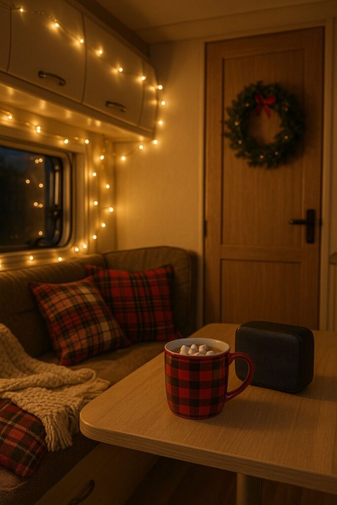 Portrait of an RV decorated for Christmas with a Bluetooth speaker on the table beside a plaid mug of cocoa, fairy lights above, plaid cushions and a knit blanket on the seating, and a wreath on the door creating a warm festive mood.
