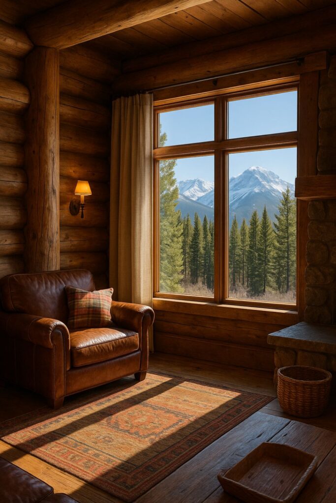 “Daytime mountain lodge living room with large windows framing snowy peaks and evergreen forests, minimal linen curtains, leather armchair with plaid cushion, woven rug, timber walls, and stone accents.”