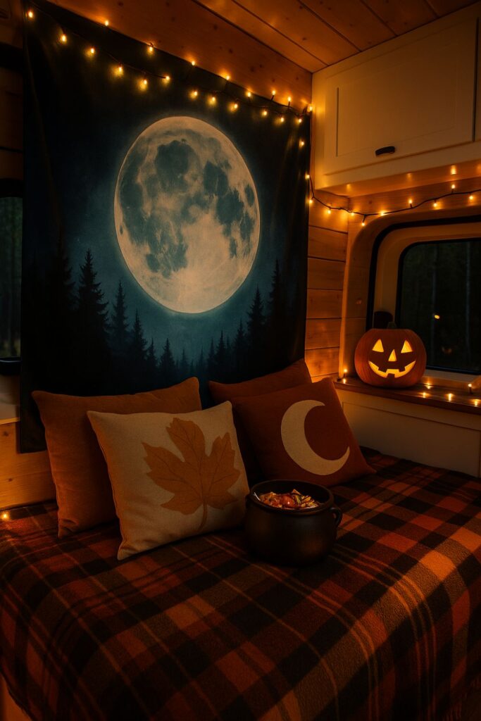 A camper van interior decorated for Halloween with a full moon tapestry framed by fairy lights, plaid blankets, and a glowing pumpkin lantern.