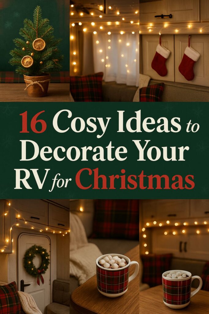 Collage pin of Christmas-decorated RV interiors featuring a miniature tree, fairy lights, stockings, a wreath, and cocoa, with festive red, green, and white text overlay reading “16 Cosy Ideas to Decorate Your RV for Christmas” on a dark green background with snowflake accents.