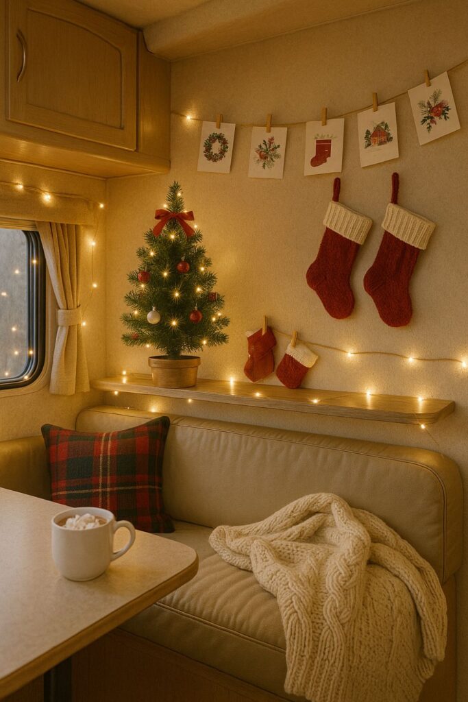 Portrait of a minimalist RV decorated for Christmas with a wreath on the door, fairy lights around the window, a plaid blanket on the seating, and a mug of cocoa on the table.