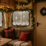 Cosy RV interior decorated for Christmas with a small tabletop tree on the dinette table, fairy lights draped along cupboards, a green wreath on the door, plaid cushions and a knit blanket on the seating, and a red kettle on the counter, creating a warm festive atmosphere.