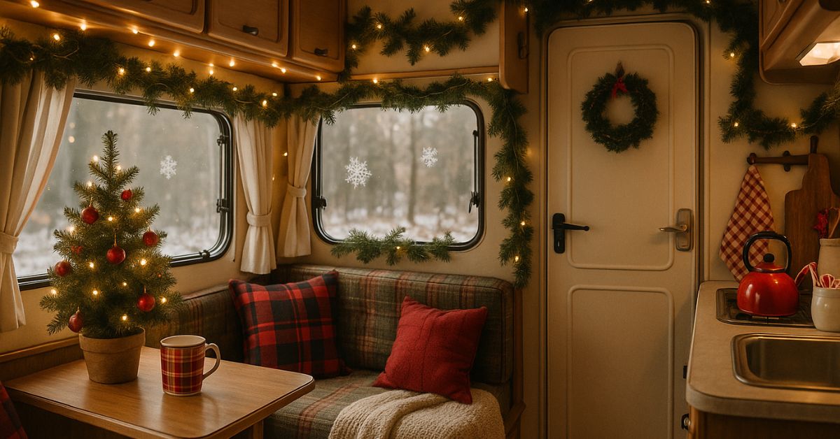 Cosy RV interior decorated for Christmas with a small tabletop tree on the dinette table, fairy lights draped along cupboards, a green wreath on the door, plaid cushions and a knit blanket on the seating, and a red kettle on the counter, creating a warm festive atmosphere.