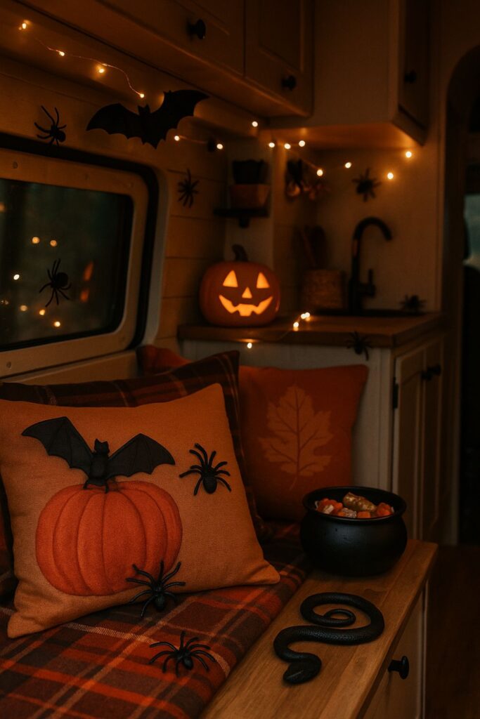 A camper van interior decorated for Halloween with rubber bats, spiders, and a snake placed on pillows, shelves, and counters, glowing under fairy lights with plaid blankets nearby.