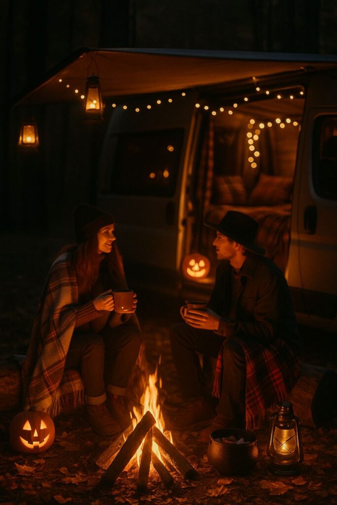 A Halloween camper van scene with a glowing campfire, friends sitting on logs with mugs of cider, pumpkins and lanterns glowing, and fairy lights inside the van.