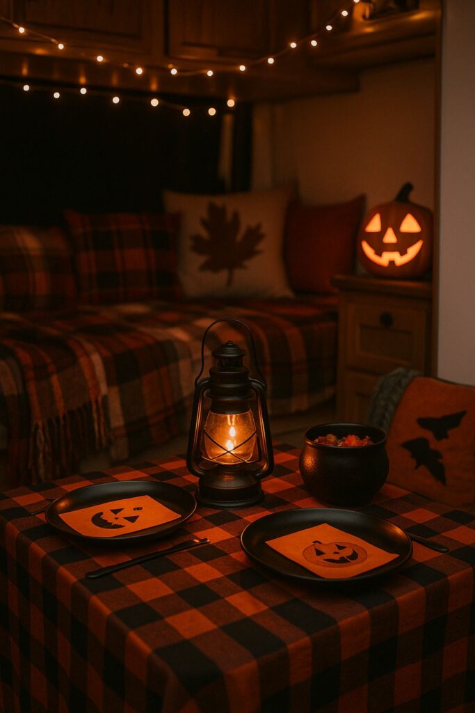 A camper van table decorated for Halloween with black plates, pumpkin napkins, a glowing lantern centrepiece, fairy lights, and a carved pumpkin nearby.