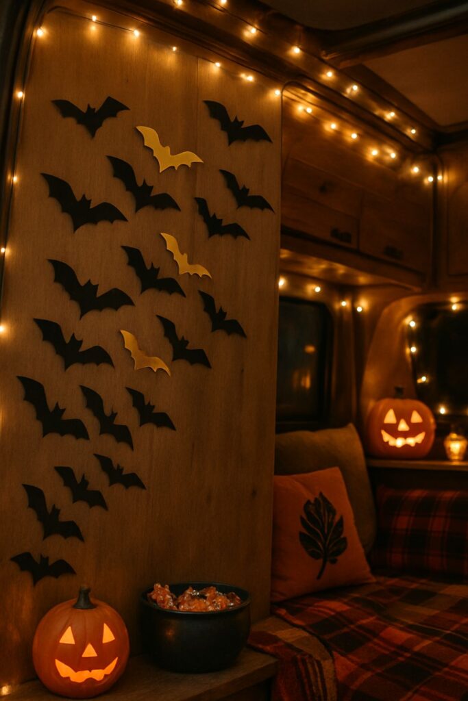 A camper van wall decorated for Halloween with black and gold paper bats in a swirling upward flight pattern, glowing under fairy lights with pumpkins and plaid blankets nearby.