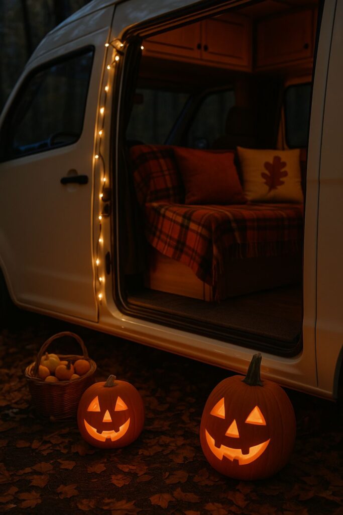 A camper van doorway decorated for Halloween with glowing jack-o’-lanterns, baskets of mini gourds, and twinkling fairy lights, with plaid blankets and autumn pillows visible inside against a backdrop of fallen leaves.