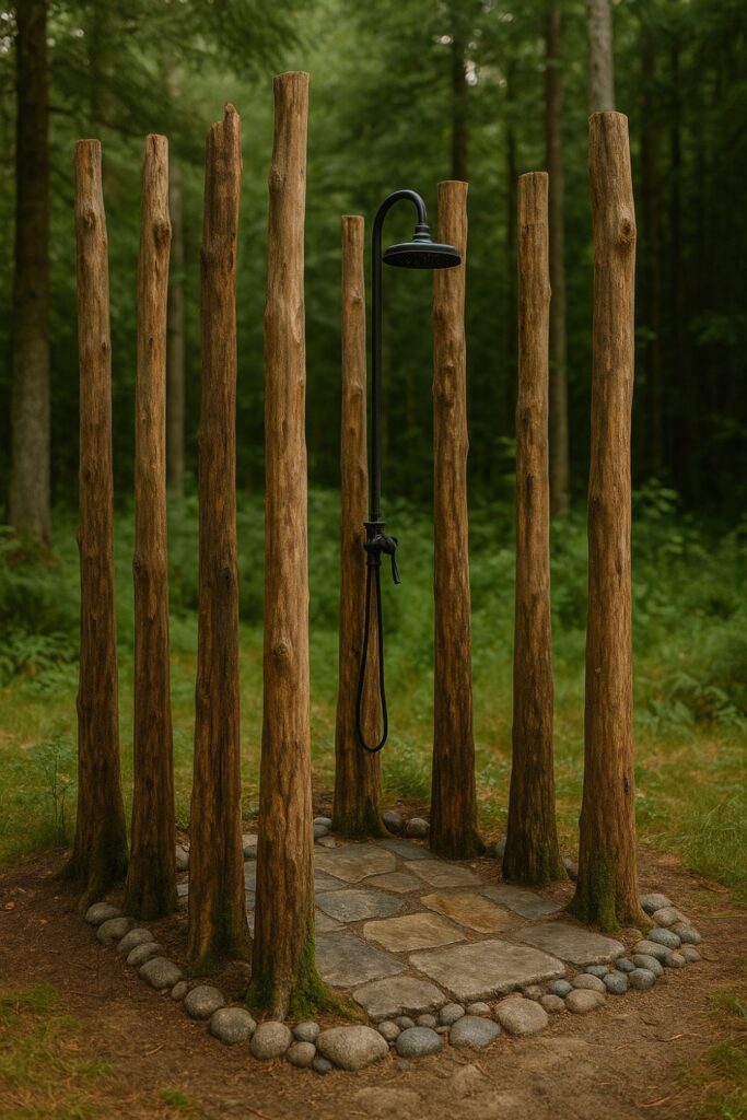 A rustic outdoor shower with a flagstone base and tall timber poles forming a simple enclosure, set in a forest clearing with trees and greenery.