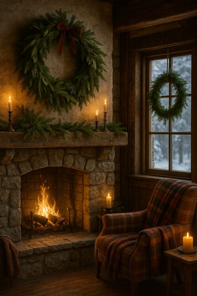 A rustic mountain lodge living room decorated with evergreen wreaths of pine, fir, cedar, and juniper hung above a stone fireplace and on windows, glowing in candlelight.