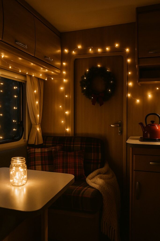 Portrait of a Christmas RV interior with fairy lights draped along cupboards and windows, a glowing mason jar on the table, plaid cushions, a knit throw, and a wreath on the door creating a warm festive glow.