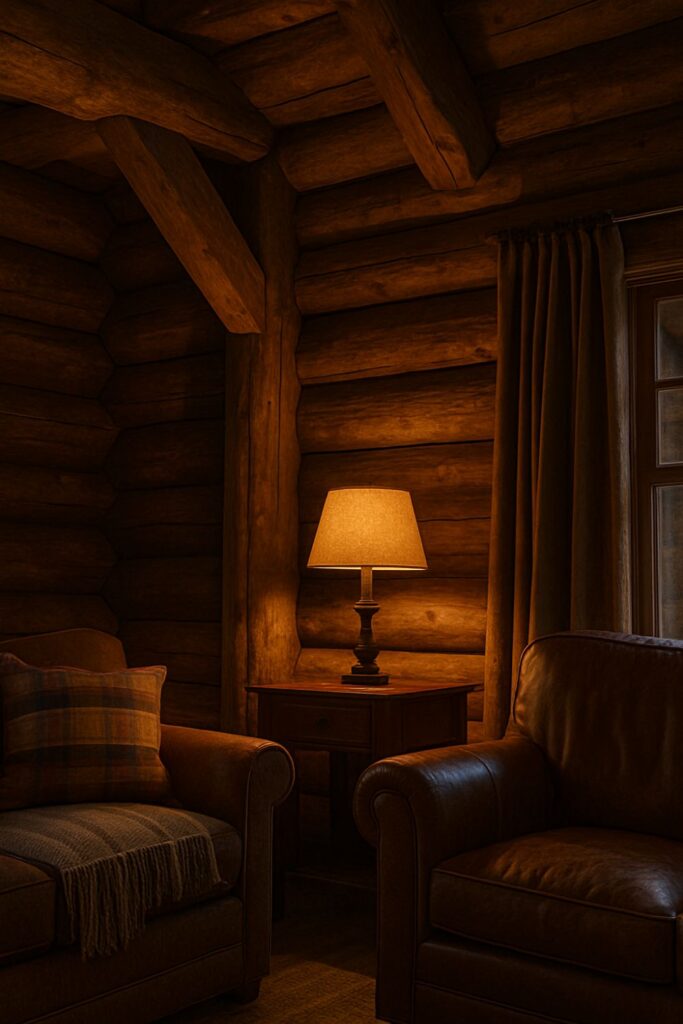 “Cosy mountain lodge interior with exposed timber beams, weathered wood walls, warm lamplight, and rustic textures.”