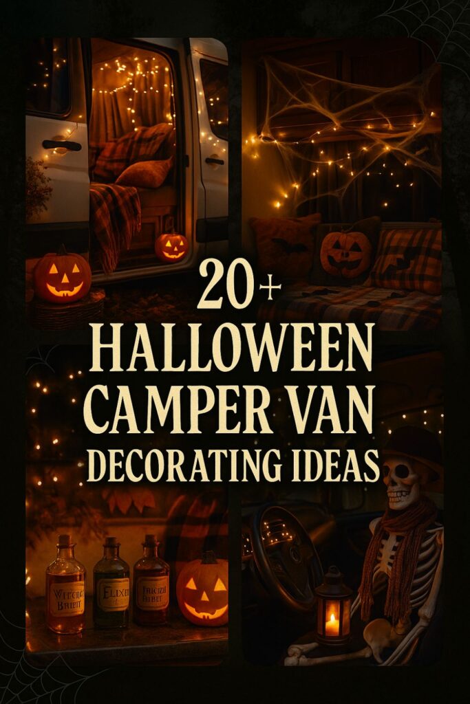 A spooky Pinterest collage featuring Halloween camper van decor ideas, including pumpkins, cobwebs, potion bottles, and a skeleton co-pilot, with bold gothic text overlay.