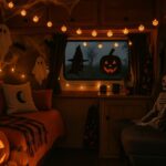 A cosy camper van decorated for Halloween with glowing jack-o’-lanterns, pumpkin string lights, cobwebs, hanging ghosts, and a skeleton seated in the passenger chair. The bed is draped with an orange plaid blanket and moon pillow, while witch and pumpkin silhouettes glow in the window.