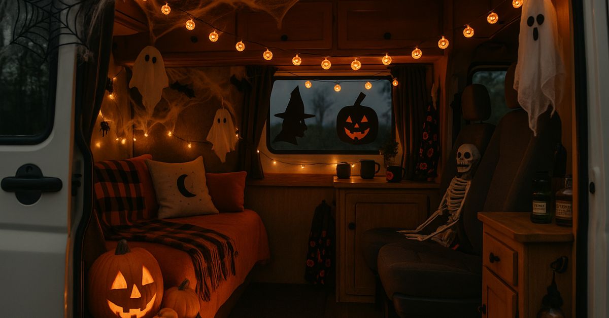 A cosy camper van decorated for Halloween with glowing jack-o’-lanterns, pumpkin string lights, cobwebs, hanging ghosts, and a skeleton seated in the passenger chair. The bed is draped with an orange plaid blanket and moon pillow, while witch and pumpkin silhouettes glow in the window.