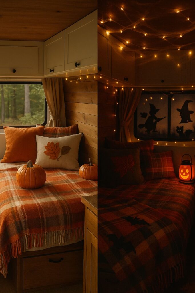 A camper van styled for Halloween with a day-to-night theme, showing pumpkins, plaid blankets, and autumn pillows by day, and fairy lights, lanterns, and cobwebs glowing at night.