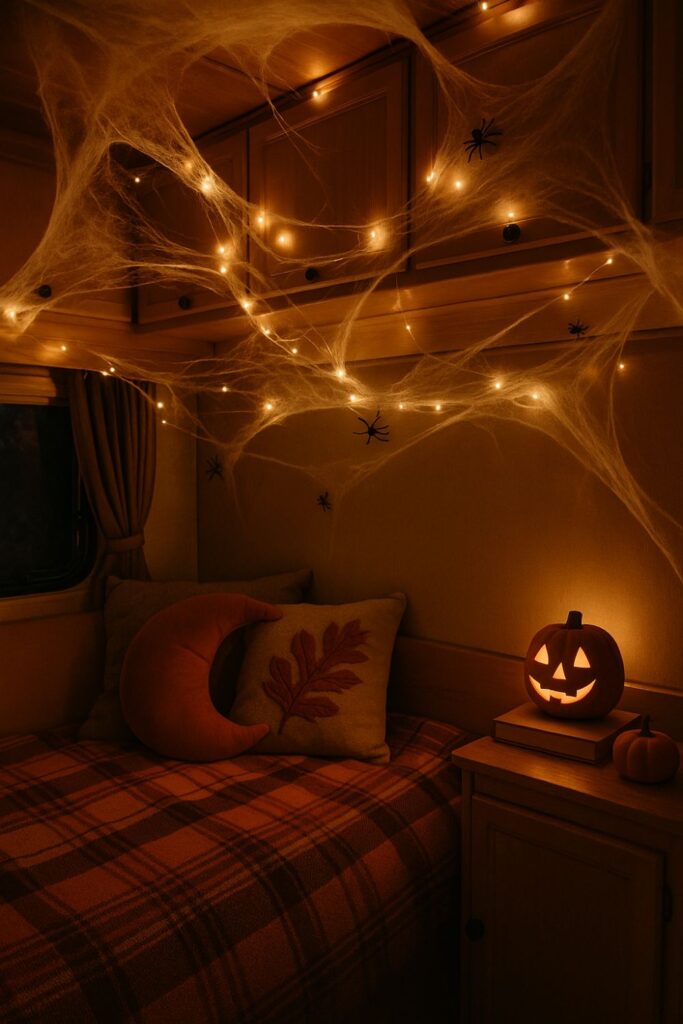 A cosy camper van interior decorated for Halloween with cobwebs stretched across cupboards, fairy lights twinkling through the threads, and small spiders tucked into the webs.