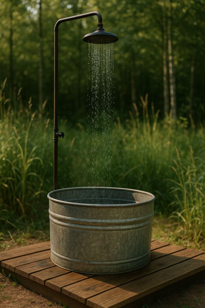 A rustic outdoor shower with a galvanised tub as the base, rainfall showerhead above, set on wooden decking surrounded by tall grasses and trees.