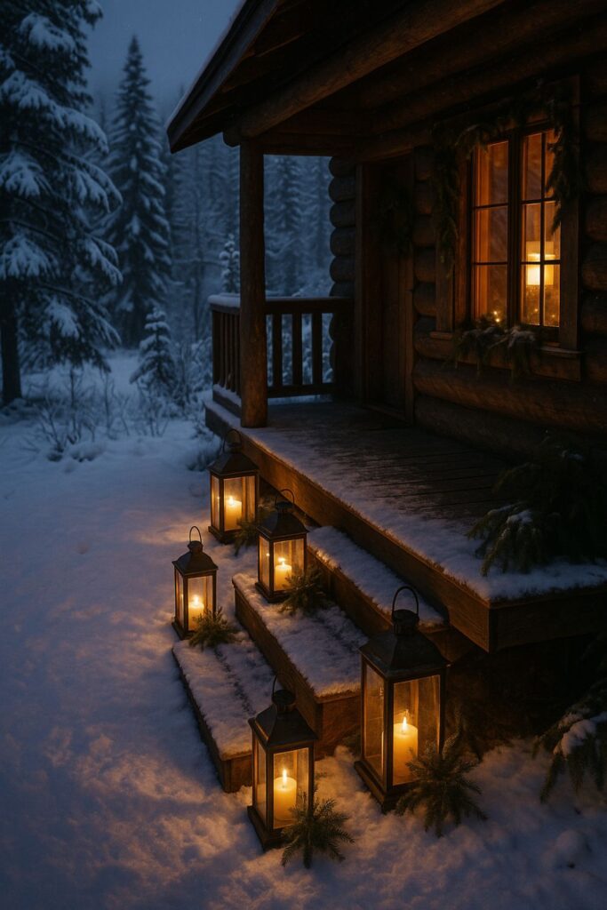 A snowy mountain lodge porch at twilight with rustic lanterns glowing along the steps and evergreen sprigs tucked inside, creating a warm Christmas welcome.