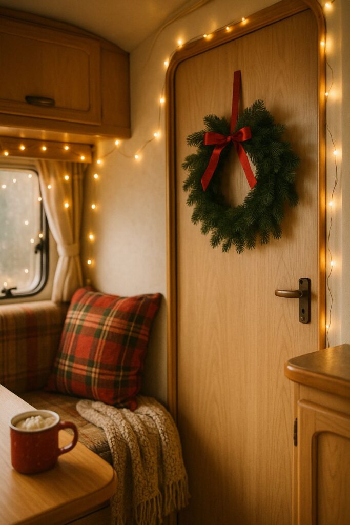 Portrait of an RV decorated for Christmas with a wreath hung on the door, fairy lights around the doorway, plaid cushions and a knit blanket on the seating, and a mug of cocoa on the table creating a warm, festive atmosphere.