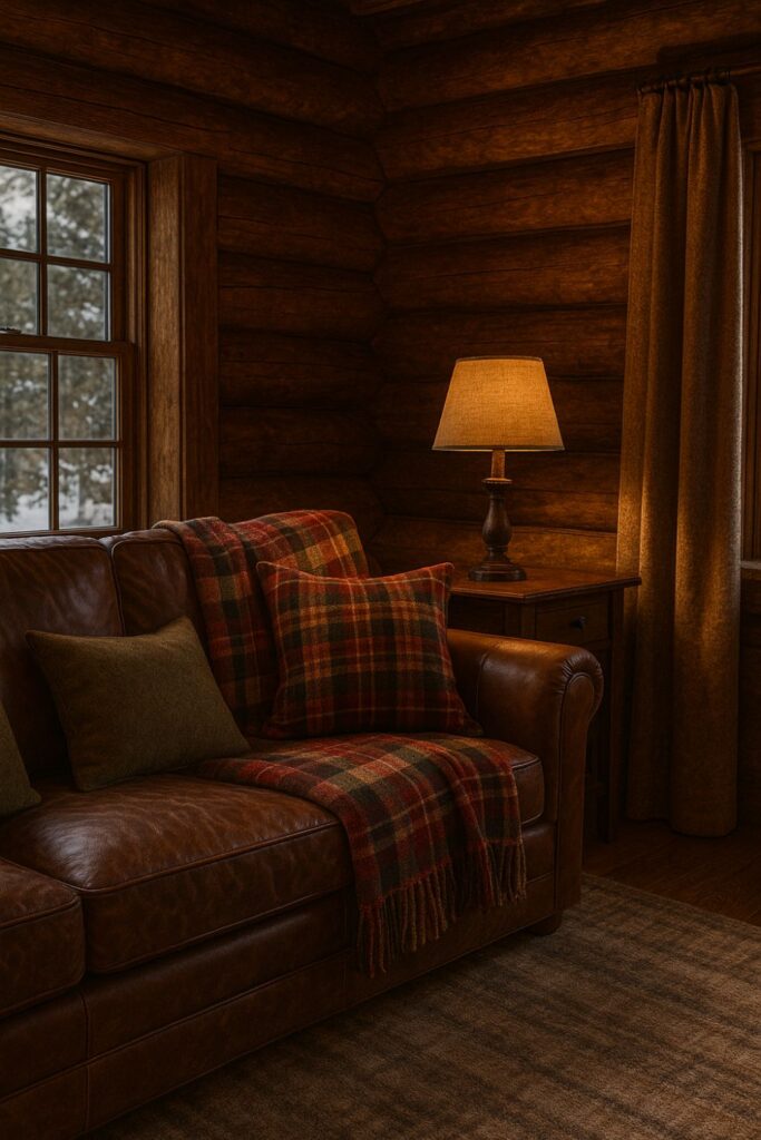 “Leather sofa in a mountain lodge with plaid woollen throws, patterned cushions, wool rug, and timber walls in warm light.”