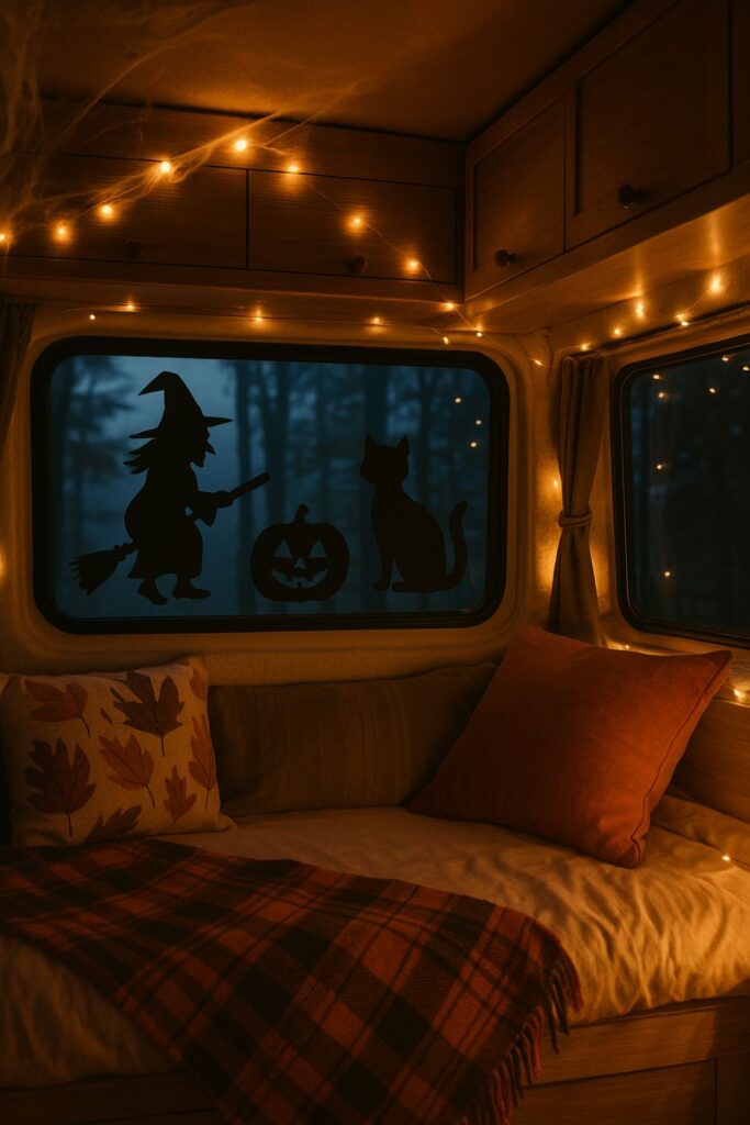 A camper van interior glowing at dusk, with Halloween silhouettes of a witch, a cat, and a pumpkin taped to the window, lit from inside by fairy lights and surrounded by cosy plaid blankets.