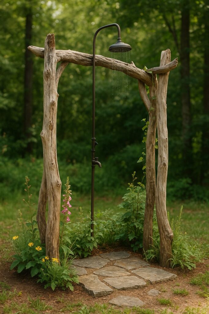 A rustic outdoor shower framed with driftwood logs, featuring a rainfall showerhead above, surrounded by wildflowers and greenery in a woodland clearing.