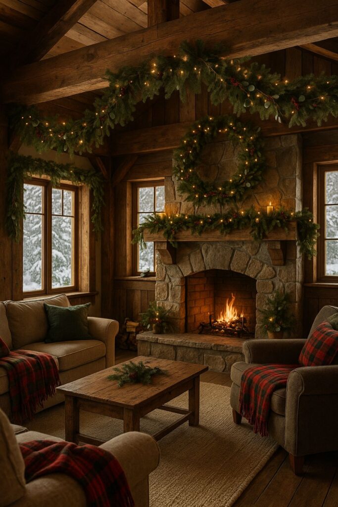 A mountain lodge living room in daylight with timber beams draped in evergreen garlands, holly, and fairy lights, creating a festive rustic Christmas atmosphere.
