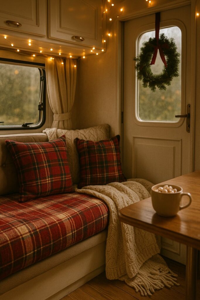 Portrait of an RV decorated for Christmas with plaid cushions, a knitted blanket, and a festive throw on the seating, fairy lights above, a wreath on the door, and a mug of cocoa on the table creating a warm, cosy atmosphere.