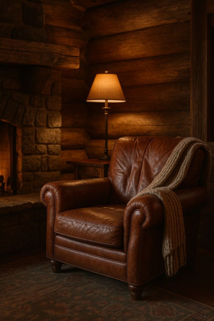 “Rustic mountain lodge corner with a chestnut leather armchair by a stone fireplace, draped with a knitted throw, warm lamplight, and timber walls.”