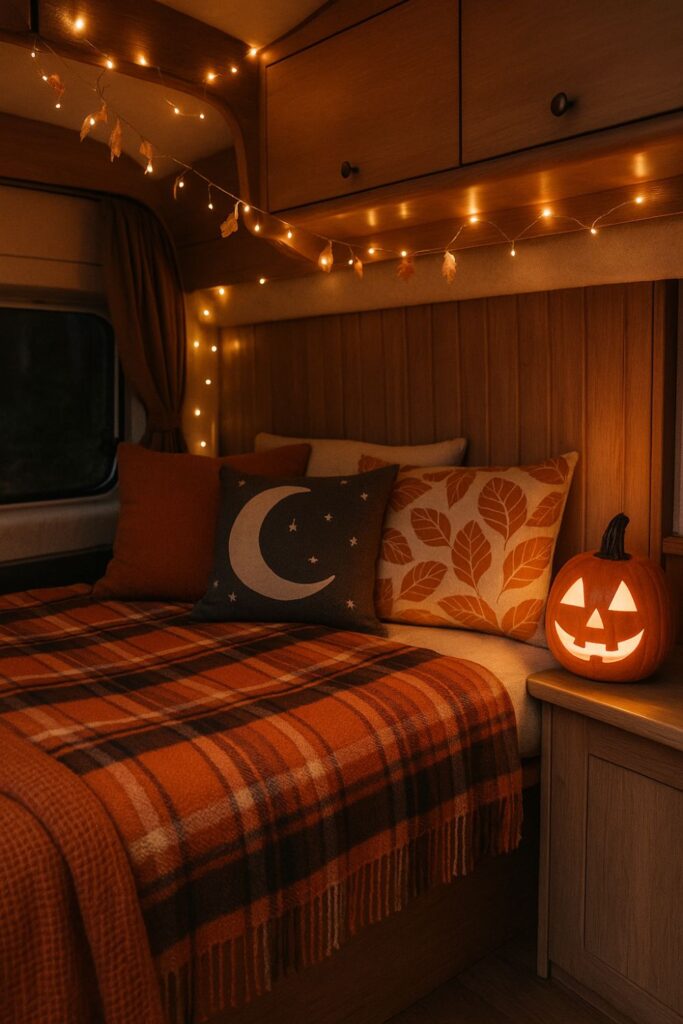 A camper van bed decorated with autumn textiles including an orange plaid blanket, moon and leaf patterned cushions, and soft throws, with fairy lights and a glowing pumpkin creating a warm Halloween mood.