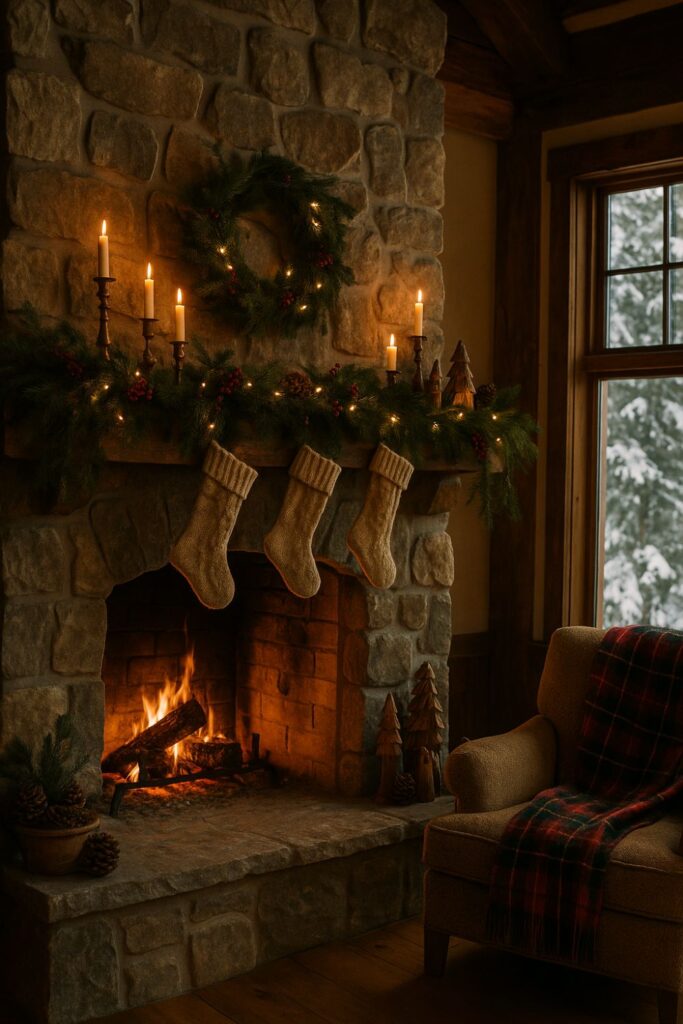 A rustic stone fireplace in a mountain lodge decorated with pine garlands, stockings, candles, and wooden ornaments, glowing warmly with a Christmas fire.