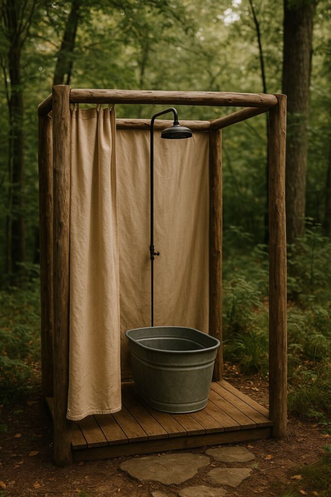 A rustic outdoor shower with a canvas curtain enclosure hanging from a wooden frame, rainfall showerhead above, set on a wooden platform in a forest.