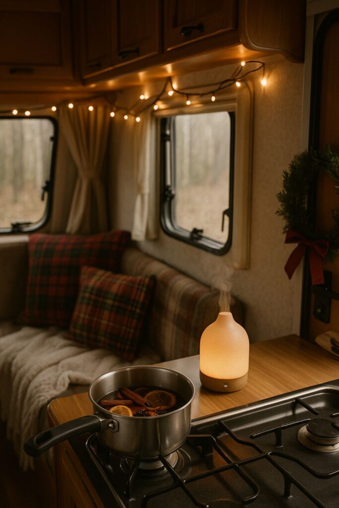 Portrait of an RV decorated for Christmas with a saucepan of simmering cinnamon and oranges on the stove, a glowing diffuser releasing mist, fairy lights above, plaid cushions on the seating, and a wreath on the door for a cosy festive scene.