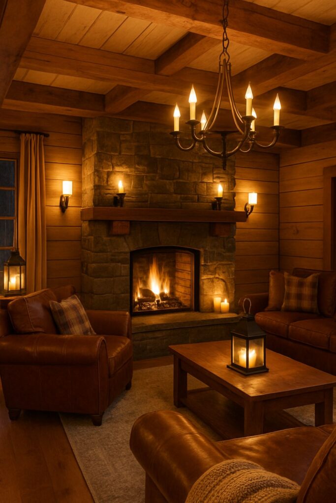 “Rustic mountain lodge living room with layered lighting including lanterns, sconces on stone walls, wrought-iron chandelier, glowing candles, leather seating, and timber beams.”