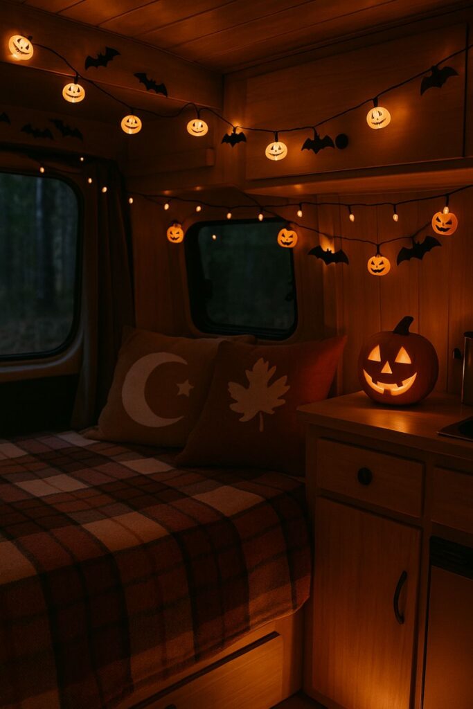 A camper van interior decorated for Halloween with glowing pumpkin and bat-shaped fairy lights strung across the ceiling and shelves, illuminating plaid blankets and seasonal pillows.