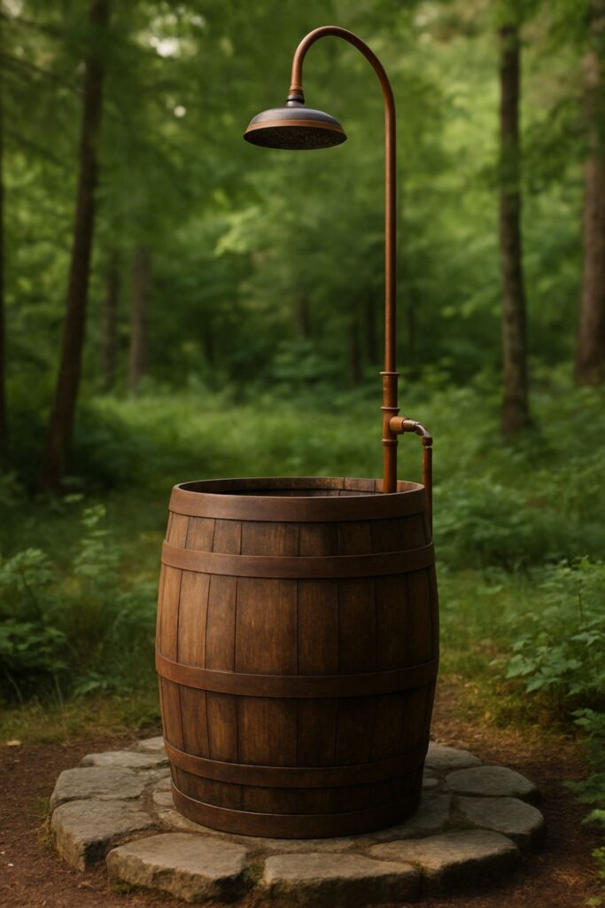A rustic outdoor shower with a reclaimed wooden barrel as the base, copper piping, and a rainfall showerhead, set on a stone foundation in a forest.