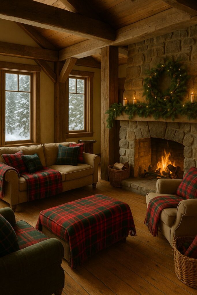 A mountain lodge living room with plaid blankets and cushions in red-and-green tartan, styled for Christmas beside a roaring stone fireplace.