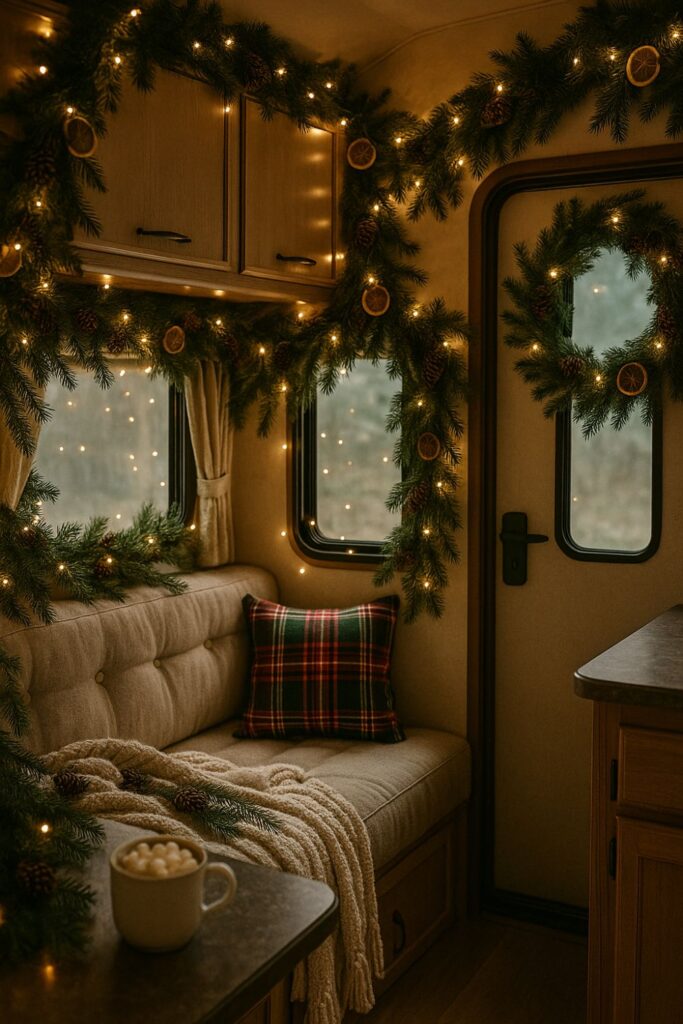 Portrait of an RV decorated for Christmas with evergreen garlands draped along cupboards and windows, woven with pinecones and dried orange slices, fairy lights glowing, plaid cushions and a knit throw on the seating, and a mug of cocoa on the table.