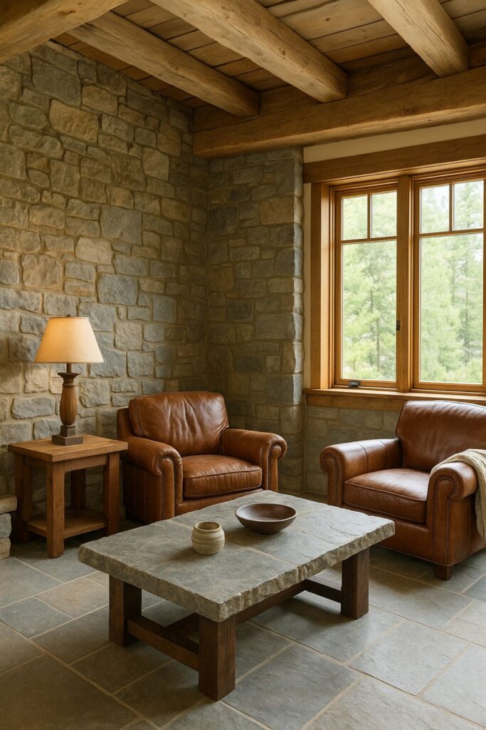 “Daytime mountain lodge living room with rough stone walls, slate flooring, timber beams, sunlight streaming through large windows, leather armchairs, and a stone-topped table with simple décor.”