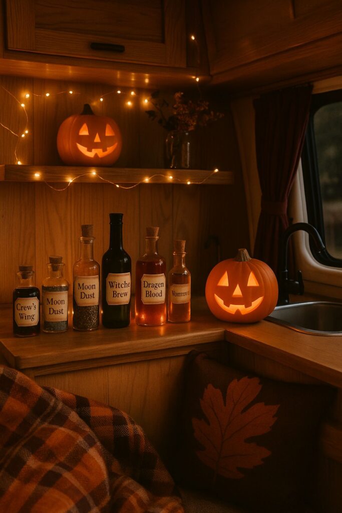 A camper van kitchenette decorated for Halloween with potion bottles filled with coloured water, herbs, and glitter, glowing under fairy lights beside a pumpkin lantern.