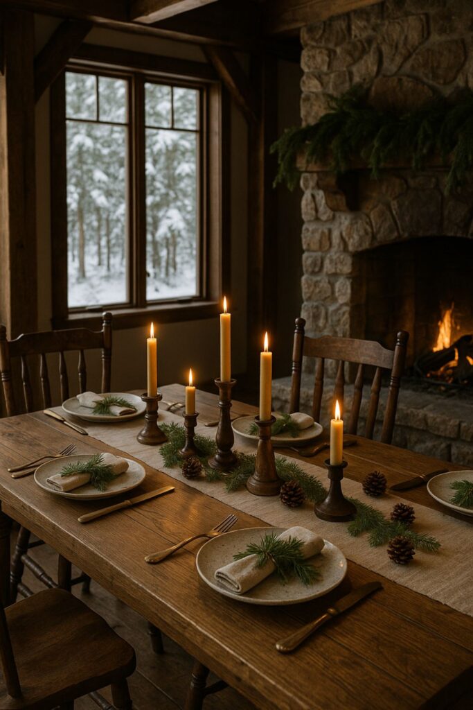 A rustic Christmas dining table in a mountain lodge with a linen runner, stoneware plates, brass cutlery, candles, and evergreen sprigs.